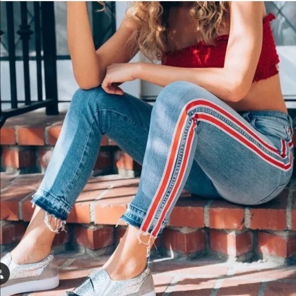 Revice Denim Red Striped Raw Hem Button Fly Skinny Jeans Mid Rise - Picture 6 of 9
